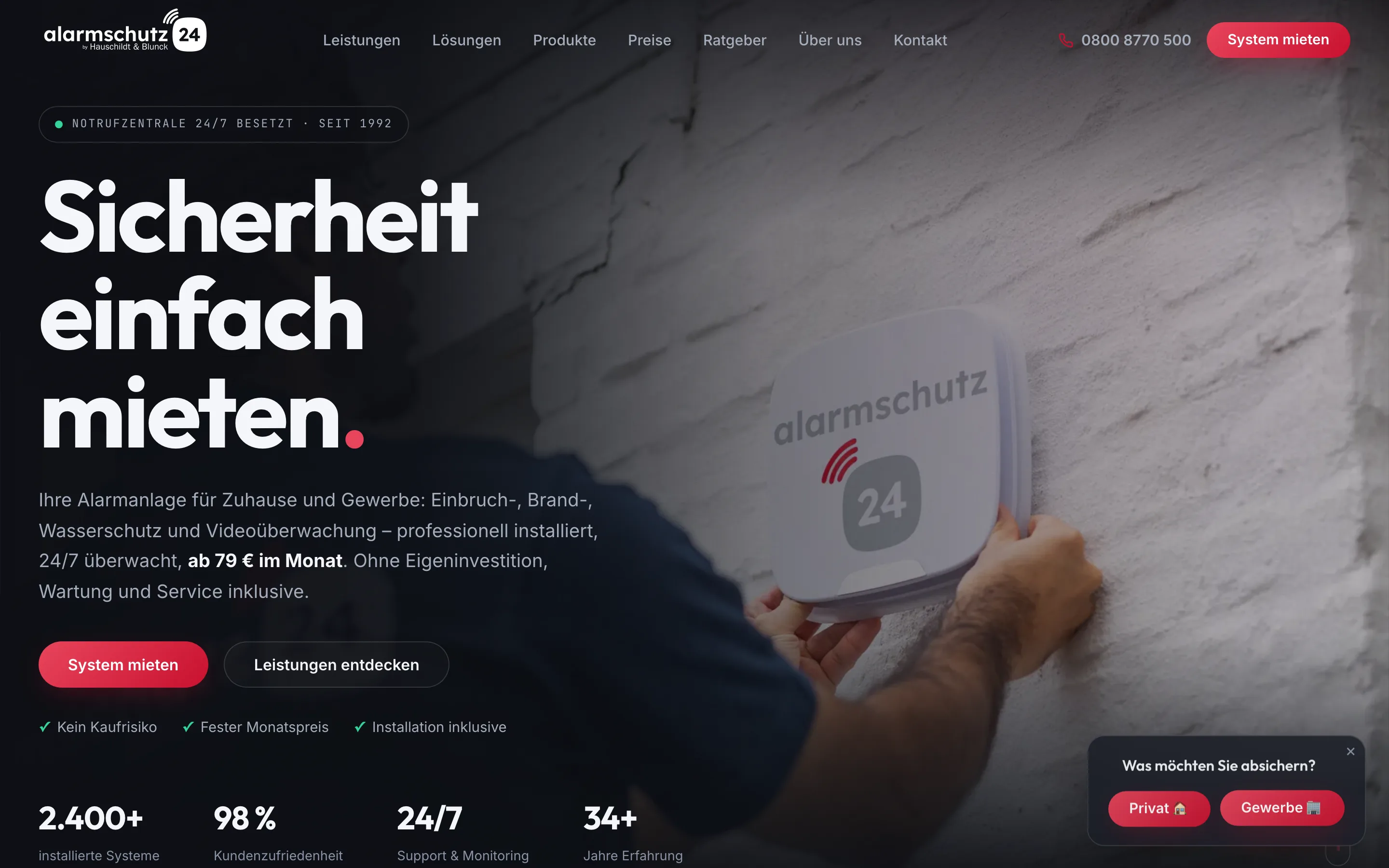 Alarmschutz24 — Website in der Desktop-Ansicht