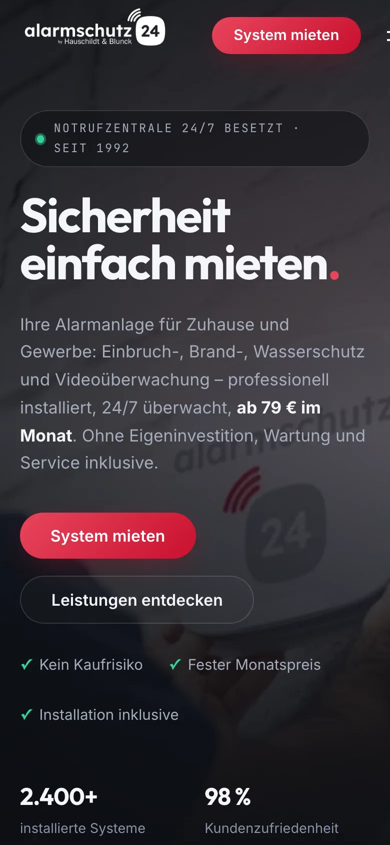 Alarmschutz24 — Website in der mobilen Ansicht